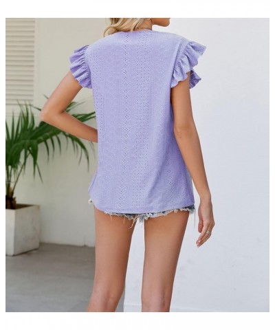 Womens 2023 Summer Flying Sleeve Pleat Stitching Crewneck Eyelet Tops T-Shirt Purple $13.24 T-Shirts