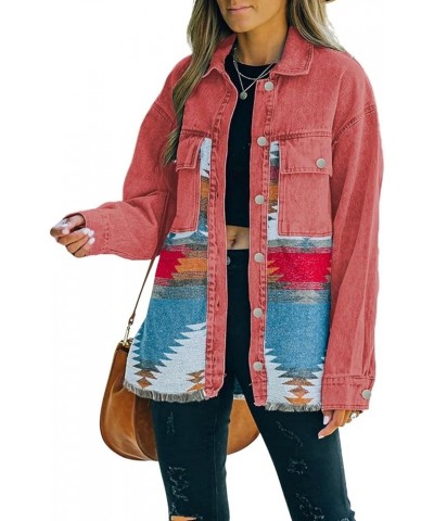 Aztec Denim Jacket For Women Lapel Button Down Print Shirt Coat Shacket A O Rose Red $17.99 Jackets