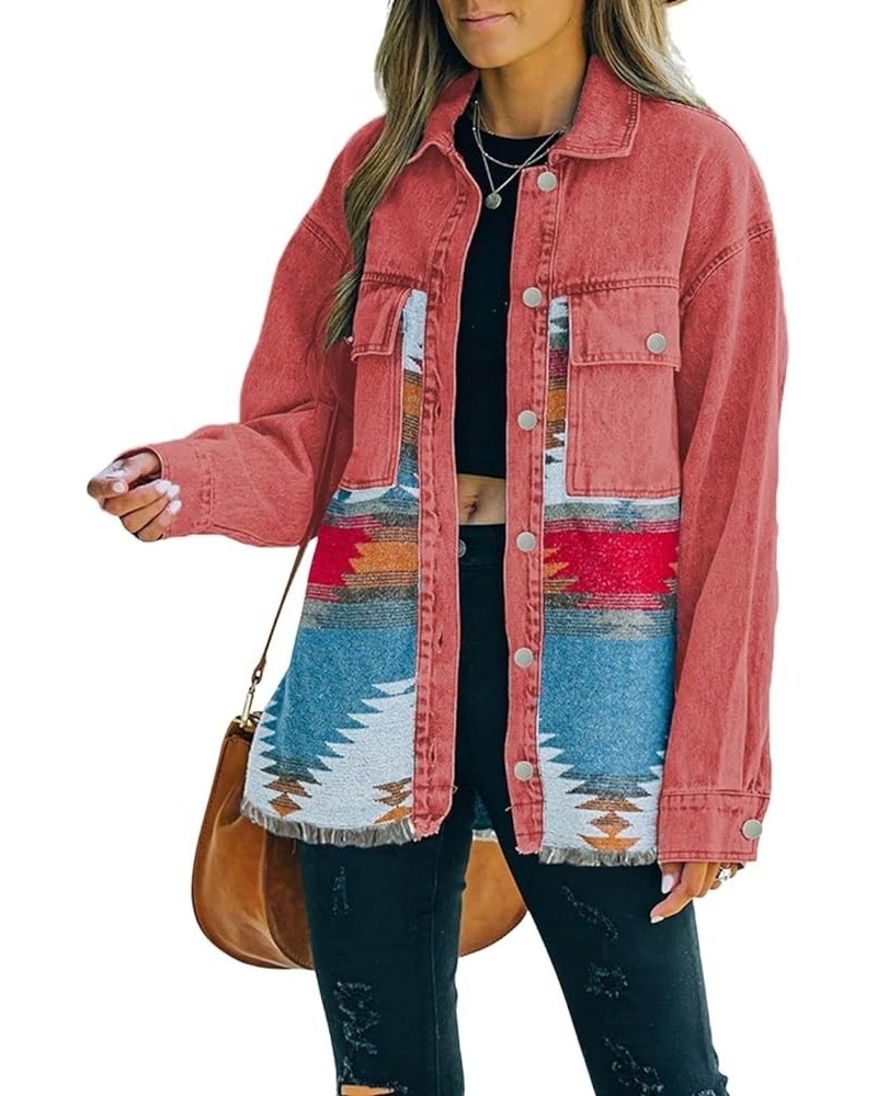 Aztec Denim Jacket For Women Lapel Button Down Print Shirt Coat Shacket A O Rose Red $17.99 Jackets