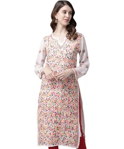 Hand Embroidered Indian Chikankari Georgette Kurti Kurta with Slip for Women A90397 Pearl White $31.20 Tops