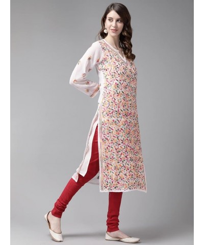 Hand Embroidered Indian Chikankari Georgette Kurti Kurta with Slip for Women A90397 Pearl White $31.20 Tops