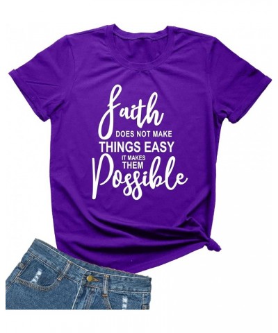 Women's O Neck Faith Letter Print T-Shirts Short Sleeve Graphic Tees Tops Purple $10.44 T-Shirts