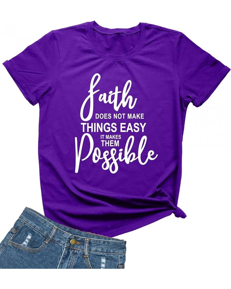 Women's O Neck Faith Letter Print T-Shirts Short Sleeve Graphic Tees Tops Purple $10.44 T-Shirts