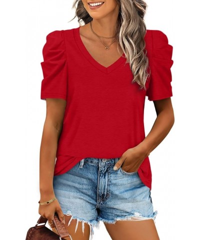 Womens Summer Shirt V Neck Casual Tshirts Puff Sleeve Tops for Women Solid Color XS-3XL 12-red $10.79 T-Shirts