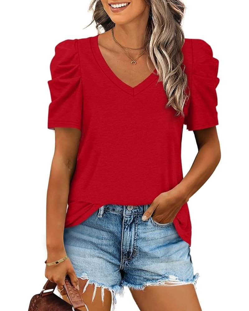 Womens Summer Shirt V Neck Casual Tshirts Puff Sleeve Tops for Women Solid Color XS-3XL 12-red $10.79 T-Shirts