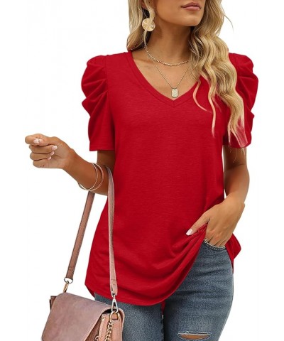 Womens Summer Shirt V Neck Casual Tshirts Puff Sleeve Tops for Women Solid Color XS-3XL 12-red $10.79 T-Shirts