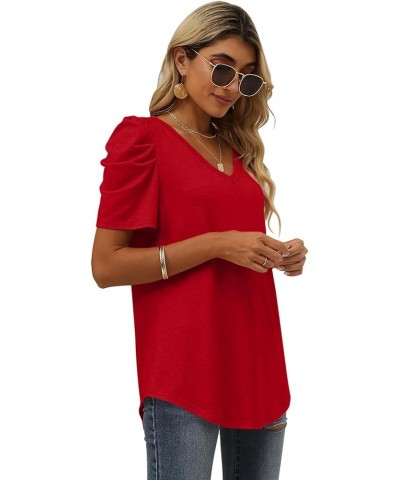 Womens Summer Shirt V Neck Casual Tshirts Puff Sleeve Tops for Women Solid Color XS-3XL 12-red $10.79 T-Shirts