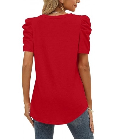 Womens Summer Shirt V Neck Casual Tshirts Puff Sleeve Tops for Women Solid Color XS-3XL 12-red $10.79 T-Shirts