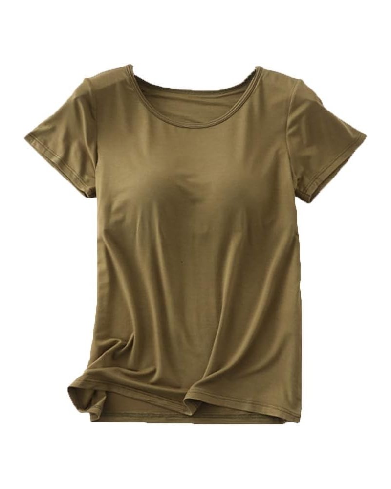 Women's Modal Built-in Bra Padded Active Camisole Short Sleeves Pajama Casual Tops T-Shirt 066 Army Green $12.09 Tops