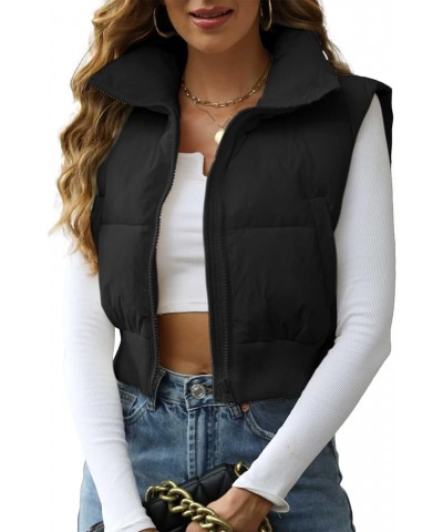 Women's Winter Crop Vest Sleeveless Zip Up Stand Collar Lightweight Puffer Padded Vest 04 Black $19.60 Vests