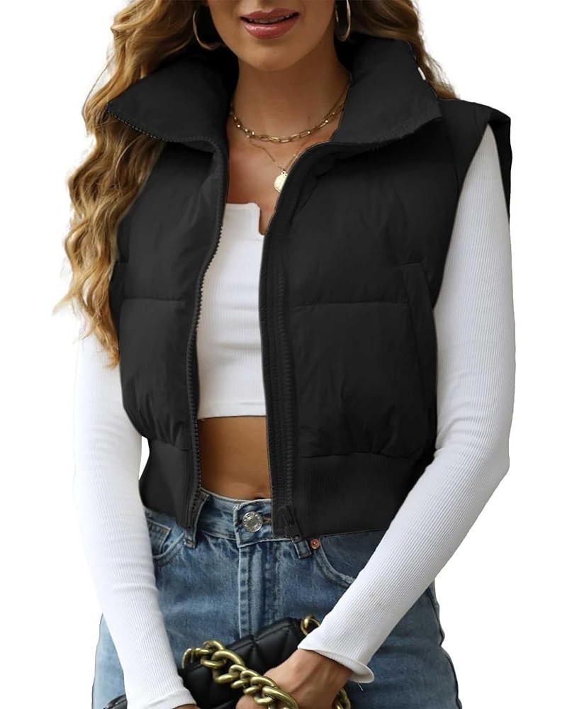 Women's Winter Crop Vest Sleeveless Zip Up Stand Collar Lightweight Puffer Padded Vest 04 Black $19.60 Vests