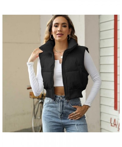 Women's Winter Crop Vest Sleeveless Zip Up Stand Collar Lightweight Puffer Padded Vest 04 Black $19.60 Vests