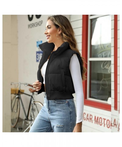 Women's Winter Crop Vest Sleeveless Zip Up Stand Collar Lightweight Puffer Padded Vest 04 Black $19.60 Vests