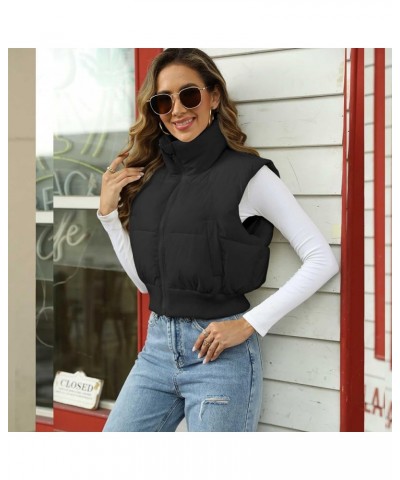 Women's Winter Crop Vest Sleeveless Zip Up Stand Collar Lightweight Puffer Padded Vest 04 Black $19.60 Vests