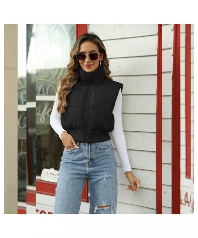 Women's Winter Crop Vest Sleeveless Zip Up Stand Collar Lightweight Puffer Padded Vest 04 Black $19.60 Vests