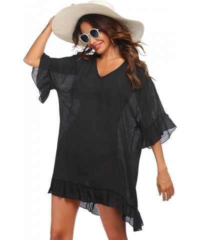 Women's Swimsuit Cover Ups Sexy V Neck Bathing Suit Coverups Dress Ruffle Sleeves Bikini Beachwear Loose Top XS-3XL 01 Black ...