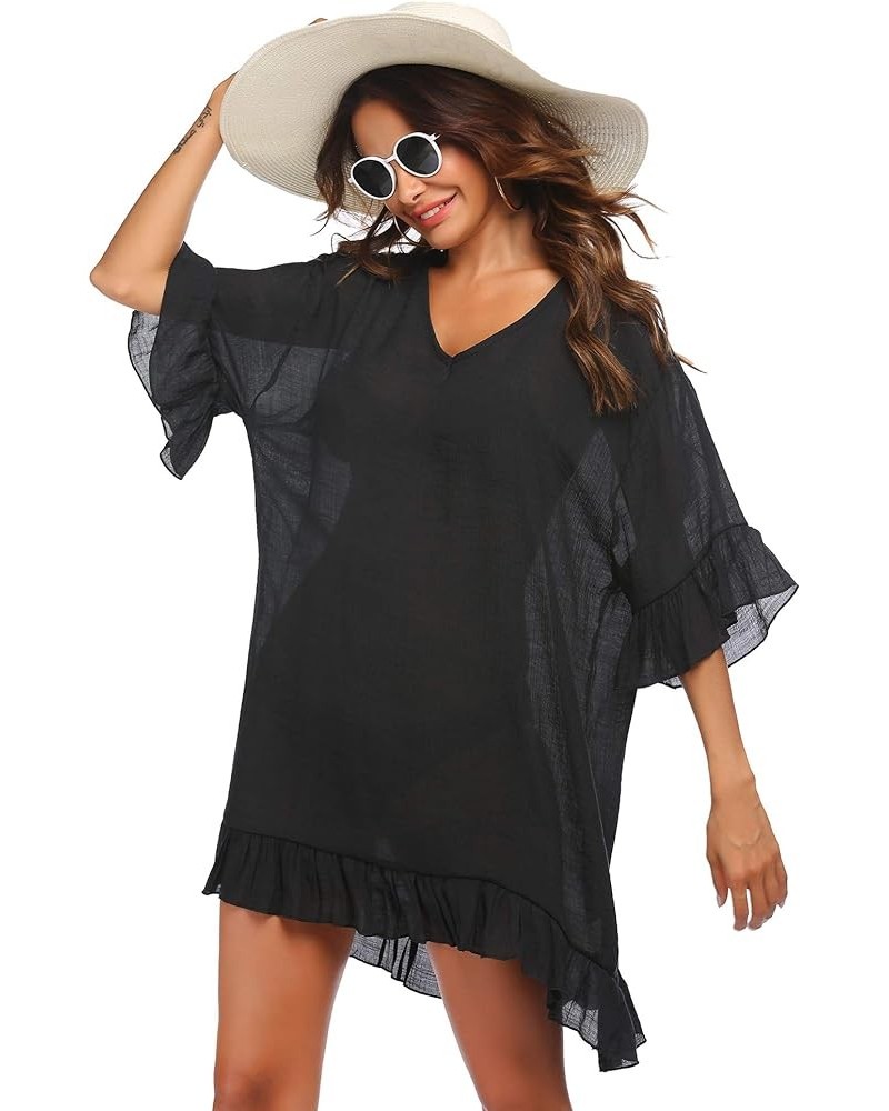 Women's Swimsuit Cover Ups Sexy V Neck Bathing Suit Coverups Dress Ruffle Sleeves Bikini Beachwear Loose Top XS-3XL 01 Black ...