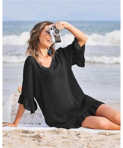 Women's Swimsuit Cover Ups Sexy V Neck Bathing Suit Coverups Dress Ruffle Sleeves Bikini Beachwear Loose Top XS-3XL 01 Black ...