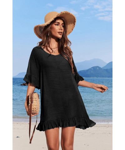 Women's Swimsuit Cover Ups Sexy V Neck Bathing Suit Coverups Dress Ruffle Sleeves Bikini Beachwear Loose Top XS-3XL 01 Black ...