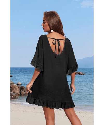 Women's Swimsuit Cover Ups Sexy V Neck Bathing Suit Coverups Dress Ruffle Sleeves Bikini Beachwear Loose Top XS-3XL 01 Black ...