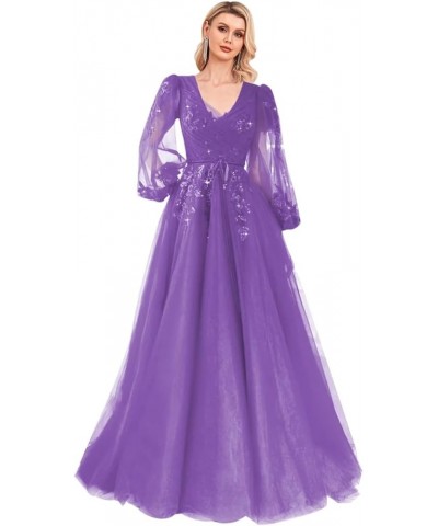 Sequin Applique Long Sleeve Prom Dress Sparkly Tulle Ball Gown A Line V Neck Formal Evening Gowns Purple $33.60 Dresses