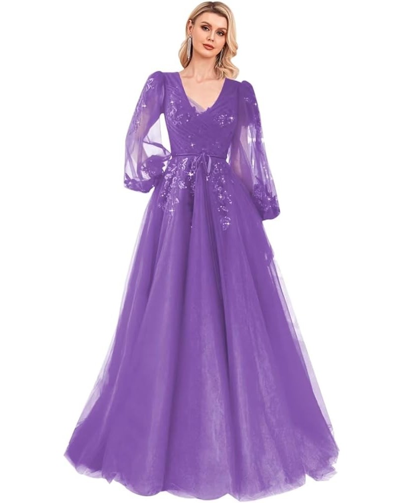 Sequin Applique Long Sleeve Prom Dress Sparkly Tulle Ball Gown A Line V Neck Formal Evening Gowns Purple $33.60 Dresses