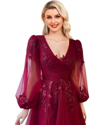 Sequin Applique Long Sleeve Prom Dress Sparkly Tulle Ball Gown A Line V Neck Formal Evening Gowns Purple $33.60 Dresses