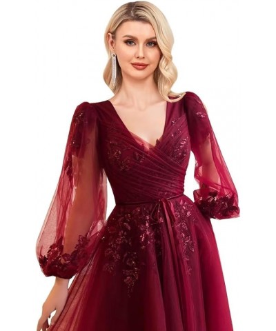 Sequin Applique Long Sleeve Prom Dress Sparkly Tulle Ball Gown A Line V Neck Formal Evening Gowns Purple $33.60 Dresses