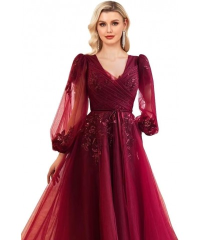 Sequin Applique Long Sleeve Prom Dress Sparkly Tulle Ball Gown A Line V Neck Formal Evening Gowns Purple $33.60 Dresses