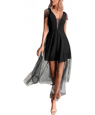 Women's Tie Shoulder V Neck Sleeveless Mesh Overlay Cocktail Evening Party Long Dress Black $23.99 Dresses