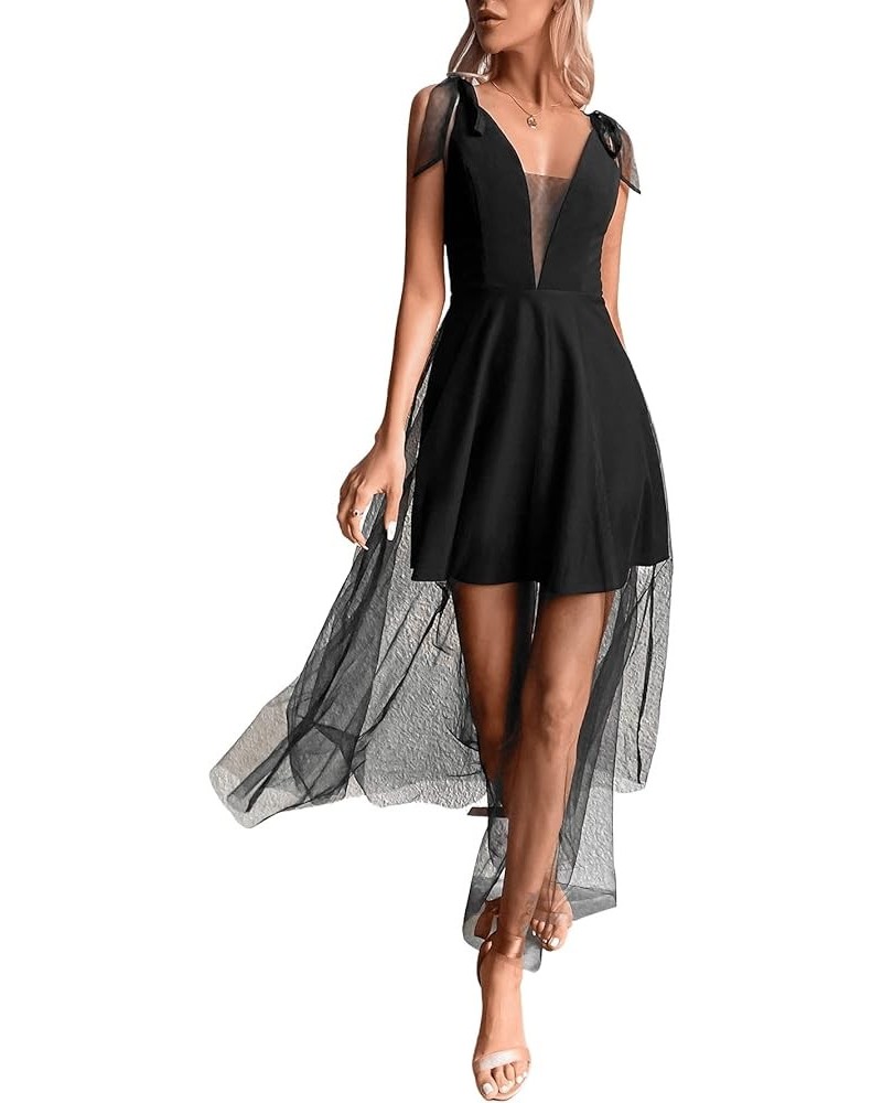 Women's Tie Shoulder V Neck Sleeveless Mesh Overlay Cocktail Evening Party Long Dress Black $23.99 Dresses