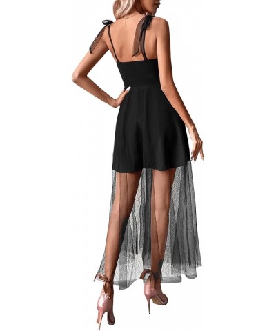 Women's Tie Shoulder V Neck Sleeveless Mesh Overlay Cocktail Evening Party Long Dress Black $23.99 Dresses