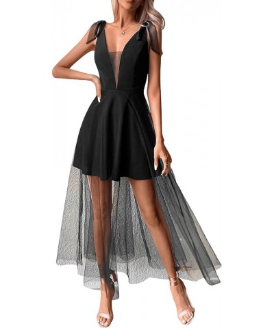 Women's Tie Shoulder V Neck Sleeveless Mesh Overlay Cocktail Evening Party Long Dress Black $23.99 Dresses