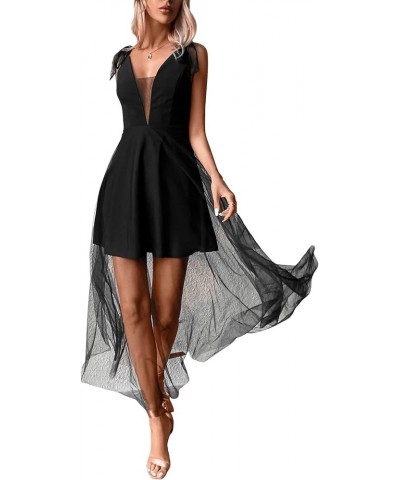 Women's Tie Shoulder V Neck Sleeveless Mesh Overlay Cocktail Evening Party Long Dress Black $23.99 Dresses