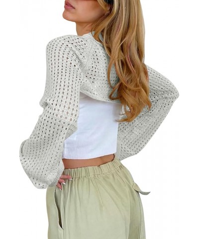 Women's Long Sleeve Bolero Shrugs Open Front Pointelle Knit Crop Crochet Cardigan Shawl Light Grey $10.75 Sweaters