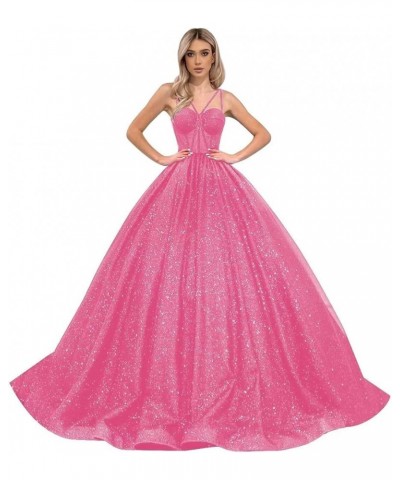 A-Line Glitter Prom Dresses Ball Gowns Princess Evening Gown Sparkly Quinceanera Dress Hot Pink $42.77 Dresses