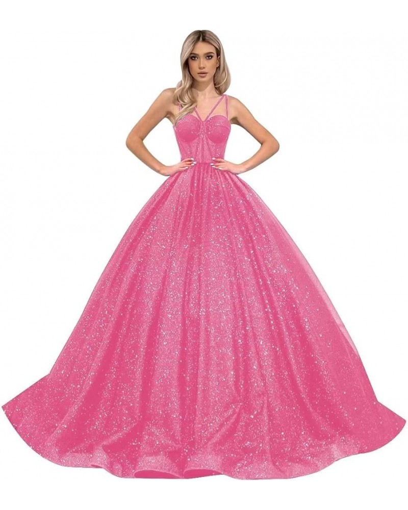 A-Line Glitter Prom Dresses Ball Gowns Princess Evening Gown Sparkly Quinceanera Dress Hot Pink $42.77 Dresses