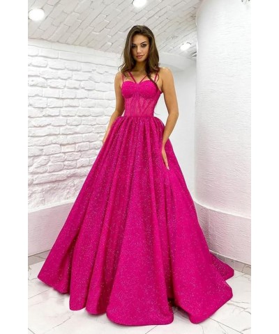 A-Line Glitter Prom Dresses Ball Gowns Princess Evening Gown Sparkly Quinceanera Dress Hot Pink $42.77 Dresses