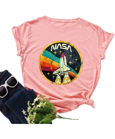 Women Vintage Space Shuttle Graphic T-Shirt NASA Letter Print Shirt Casual Tee Tops Dark Pink $8.83 T-Shirts