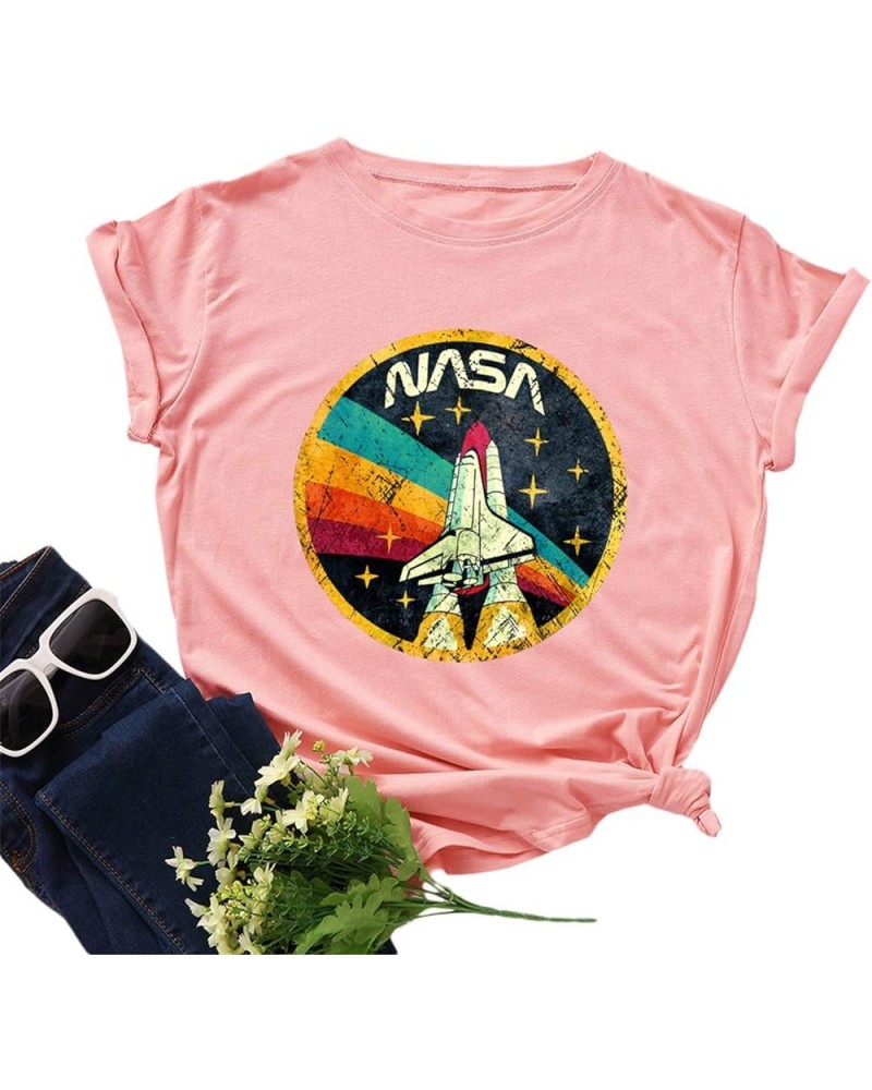 Women Vintage Space Shuttle Graphic T-Shirt NASA Letter Print Shirt Casual Tee Tops Dark Pink $8.83 T-Shirts