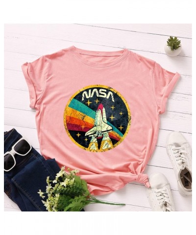 Women Vintage Space Shuttle Graphic T-Shirt NASA Letter Print Shirt Casual Tee Tops Dark Pink $8.83 T-Shirts