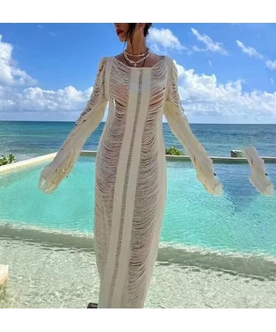 Womens Maxi Cover Up Dress Long Sleeve Knitted Low Cut Backless Long Dresses Sexy See Through Sheer Beach Dress C Tassel Whit...