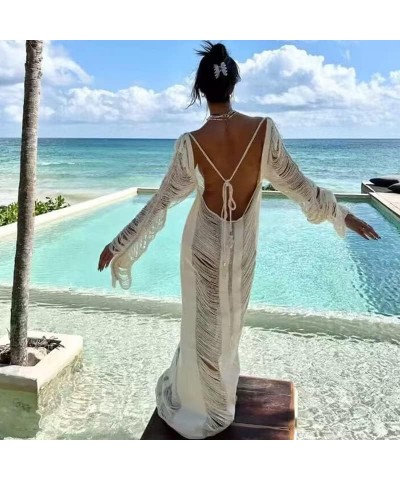 Womens Maxi Cover Up Dress Long Sleeve Knitted Low Cut Backless Long Dresses Sexy See Through Sheer Beach Dress C Tassel Whit...