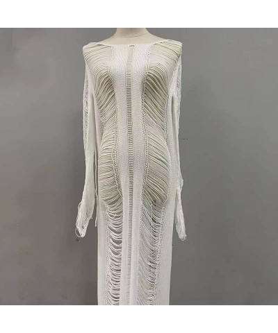 Womens Maxi Cover Up Dress Long Sleeve Knitted Low Cut Backless Long Dresses Sexy See Through Sheer Beach Dress C Tassel Whit...