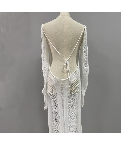 Womens Maxi Cover Up Dress Long Sleeve Knitted Low Cut Backless Long Dresses Sexy See Through Sheer Beach Dress C Tassel Whit...