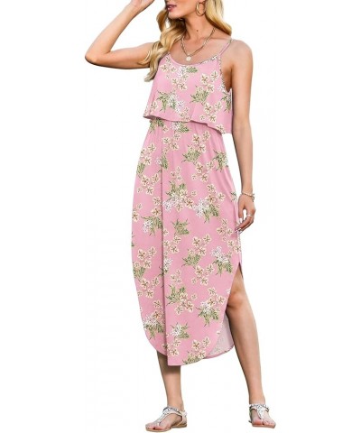 Women's Adjustable Strappy Split Summer Beach Casual Midi Dress Flower Pink $11.27 Dresses