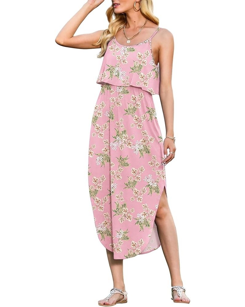 Women's Adjustable Strappy Split Summer Beach Casual Midi Dress Flower Pink $11.27 Dresses