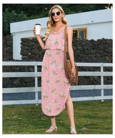 Women's Adjustable Strappy Split Summer Beach Casual Midi Dress Flower Pink $11.27 Dresses