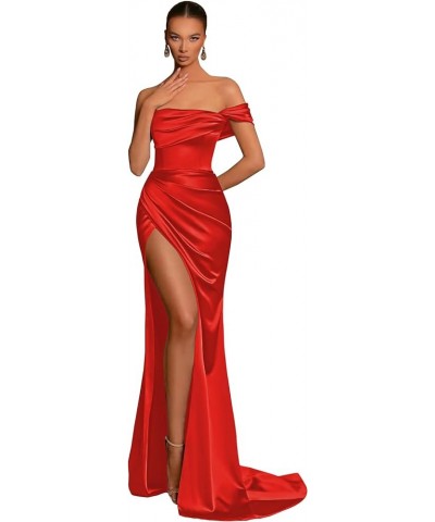 Women's Off Shoulder High Slit Prom Dresses Pleated Mermaid Evening Party Dress Satin Formal Gown Red $28.04 Dresses