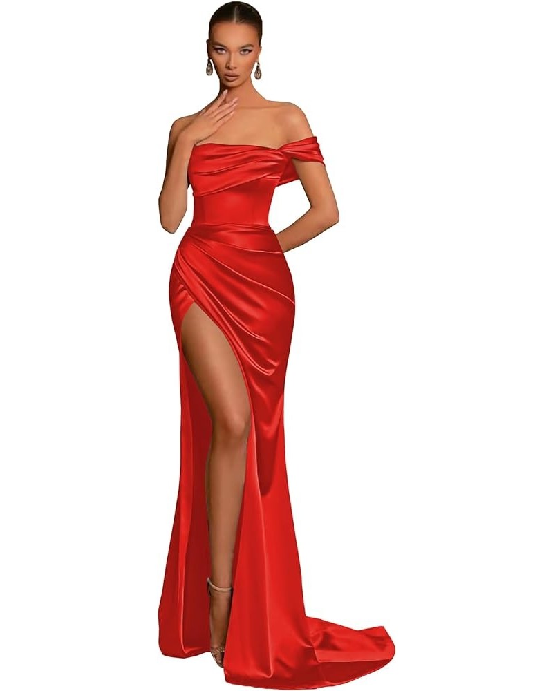 Women's Off Shoulder High Slit Prom Dresses Pleated Mermaid Evening Party Dress Satin Formal Gown Red $28.04 Dresses